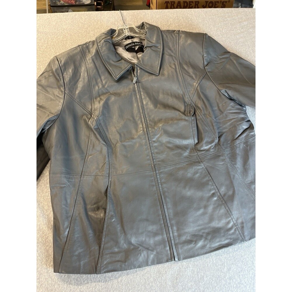 Pamela McCoy Soft Leather Jacket Gray Women’s 2x Zip Fitted Dress Biker Y2K